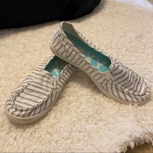 Gray/white striped Roxy brand slip on canvas shoes size 8